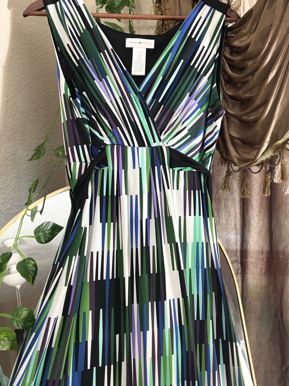 London Style Green, Blue & Black Striped V-Neck Maxi Dress